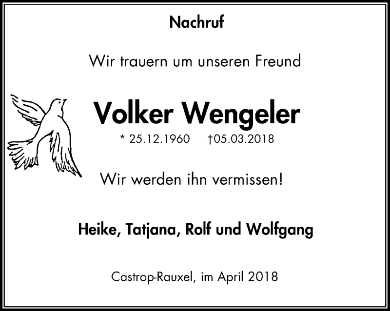  Traueranzeige für Volker Wengeler vom 04.04.2018 aus Stadtanz.Castrop-Rauxel