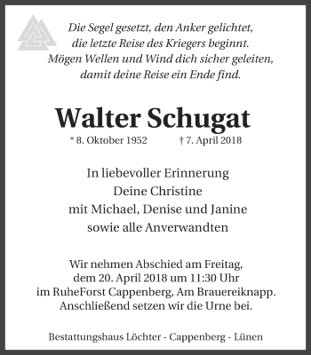 Traueranzeige von Walter Schugat von Lüner Anzeiger
