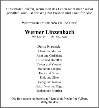 Traueranzeige von Werner Linzenbach von Stadtanzeiger Velbert + Heiligenhaus
