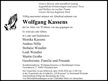 Traueranzeige von Wolfgang Kassens von Stadtspiegel Gelsenkirchen