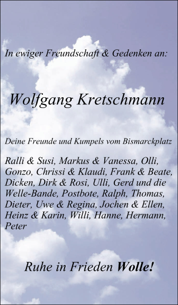 Traueranzeige von Wolfgang Kretschmann von Stadtspiegel Wattenscheid