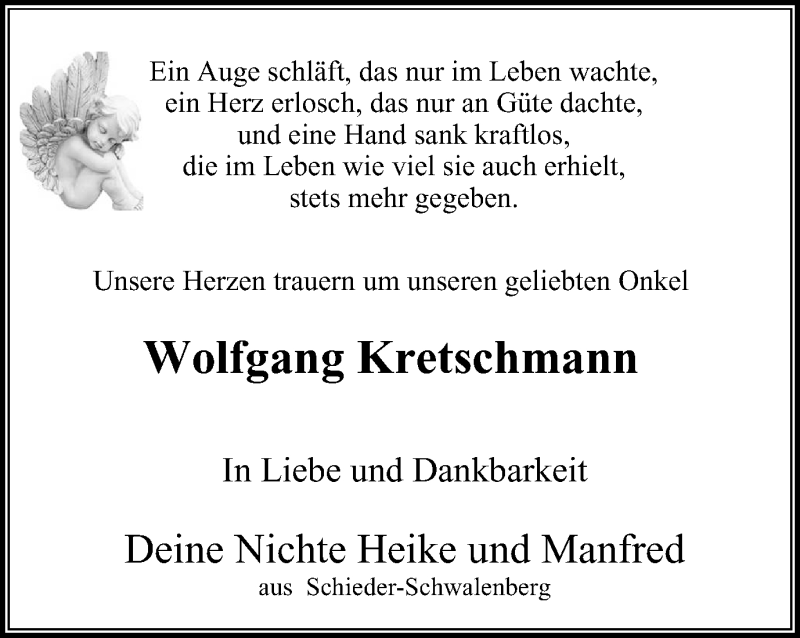  Traueranzeige für Wolfgang Kretschmann vom 14.04.2018 aus Stadtspiegel Wattenscheid