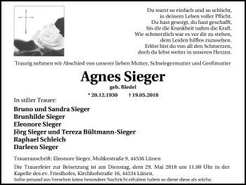 Traueranzeige von Agnes Sieger von Lüner Anzeiger
