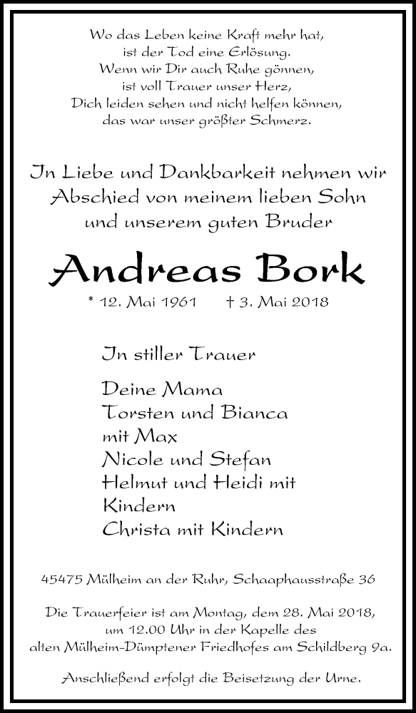  Traueranzeige für Andreas Bork vom 26.05.2018 aus Mülheimer Woche