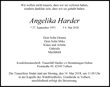 Traueranzeige von Angelika Harder von Stadtanzeiger Velbert + Heiligenhaus