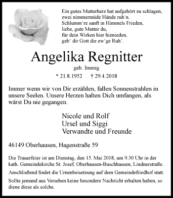 Traueranzeige von Angelika Regnitter von Wochen-Anzeiger Oberhausen