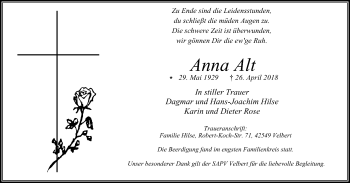 Traueranzeige von Anna Alt von Stadtanzeiger Velbert + Heiligenhaus