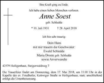 Traueranzeige von Anne Soest von Stadtanzeiger Velbert + Heiligenhaus