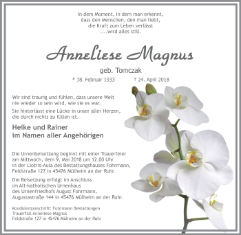 Traueranzeige von Anneliese magnus von Wochen-Anzeiger Oberhausen