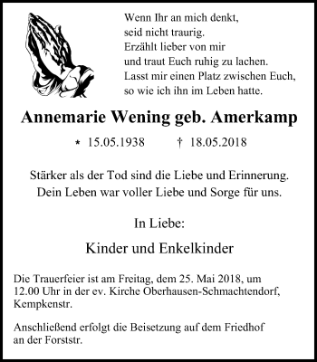 Traueranzeige von Annemarie Wening von Wochen-Anzeiger Oberhausen