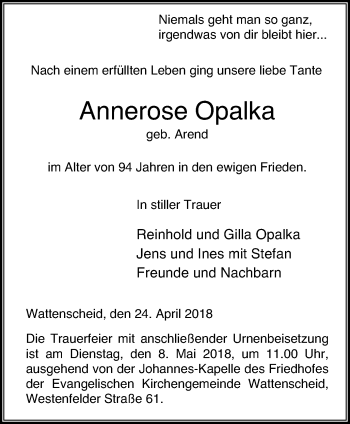Traueranzeige von Annerose Opalka von Stadtspiegel Wattenscheid