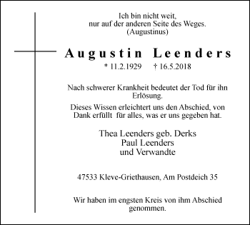 Traueranzeige von Augustin Leenders von Klever Wochenblatt