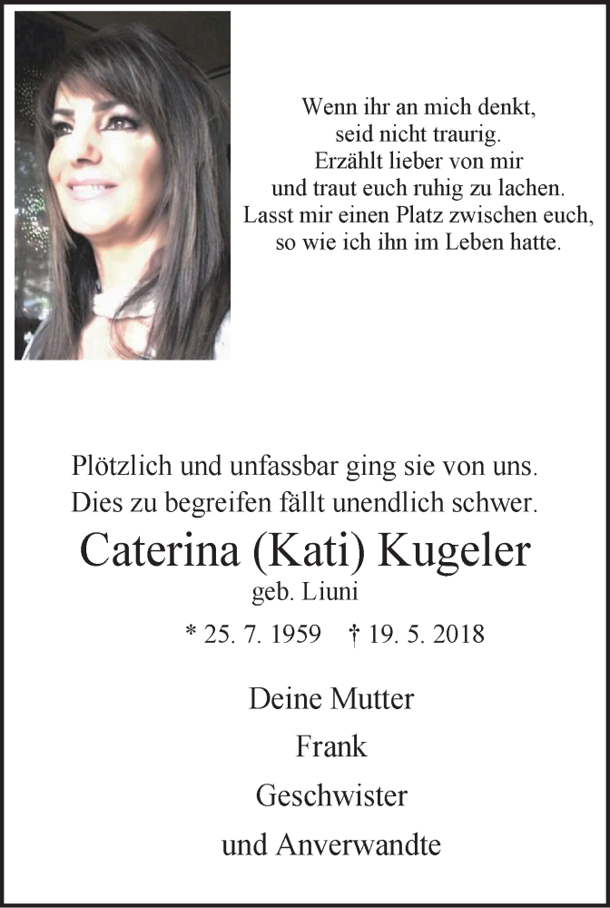  Traueranzeige für Caterina Kugeler vom 26.05.2018 aus Stadtspiegel Bottrop