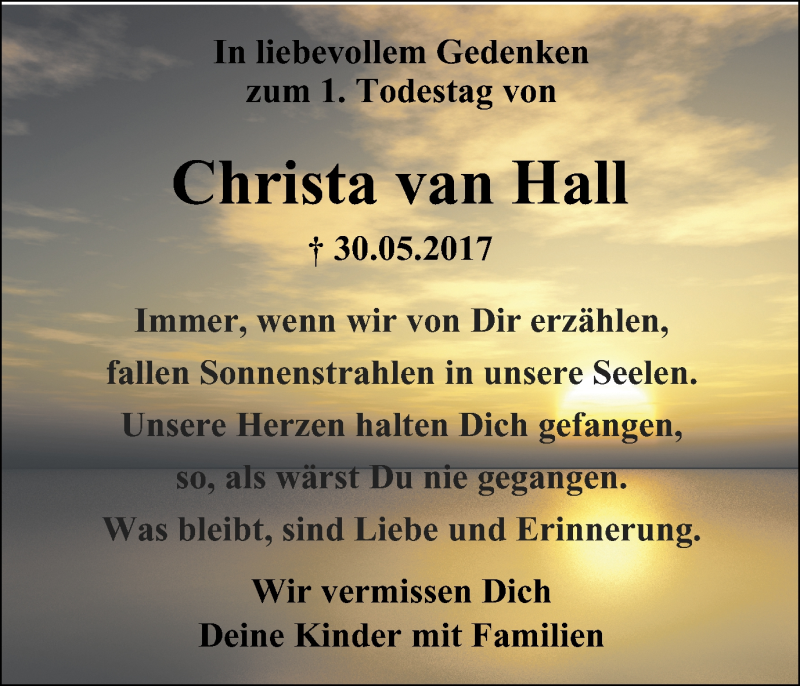  Traueranzeige für Christa van Hall vom 30.05.2018 aus Wochenblatt Herne/Wanne-Eickel