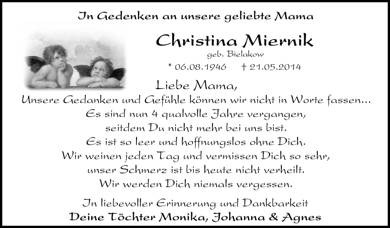  Traueranzeige für Christina Miernik vom 30.05.2018 aus Stadtspiegel Iserlohn + Hemer