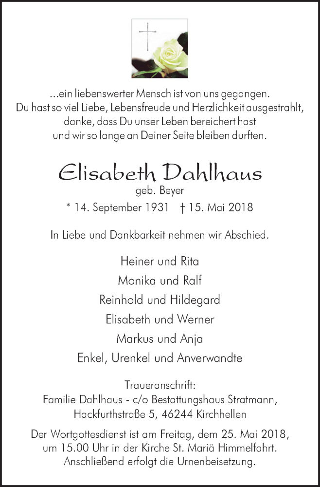  Traueranzeige für Elisabeth Dahlhaus vom 23.05.2018 aus Stadtspiegel Bottrop