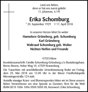 Traueranzeige von Erika Schomburg von Klever Wochenblatt
