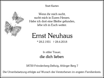 Traueranzeige von Ernst Neuhaus von Stadtspiegel Menden + Froendenberg
