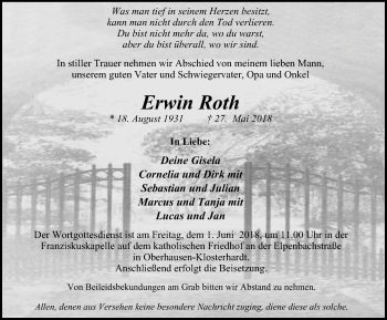Traueranzeige von Erwin Roth von Wochen-Anzeiger Oberhausen