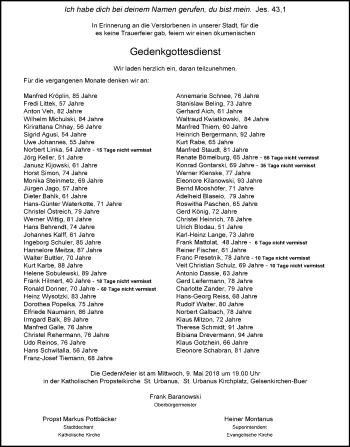 Traueranzeige von Gedenkgottesdienst Montanus von Stadtspiegel Gelsenkirchen