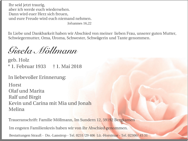  Traueranzeige für Gisela Möllmann vom 12.05.2018 aus Lüner Anzeiger