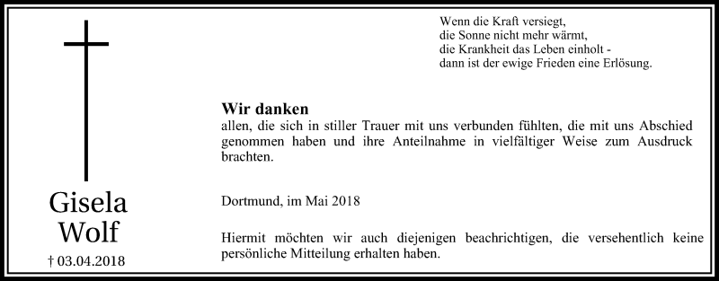  Traueranzeige für Gisela Wolf vom 05.05.2018 aus Stadtanz.Castrop-Rauxel