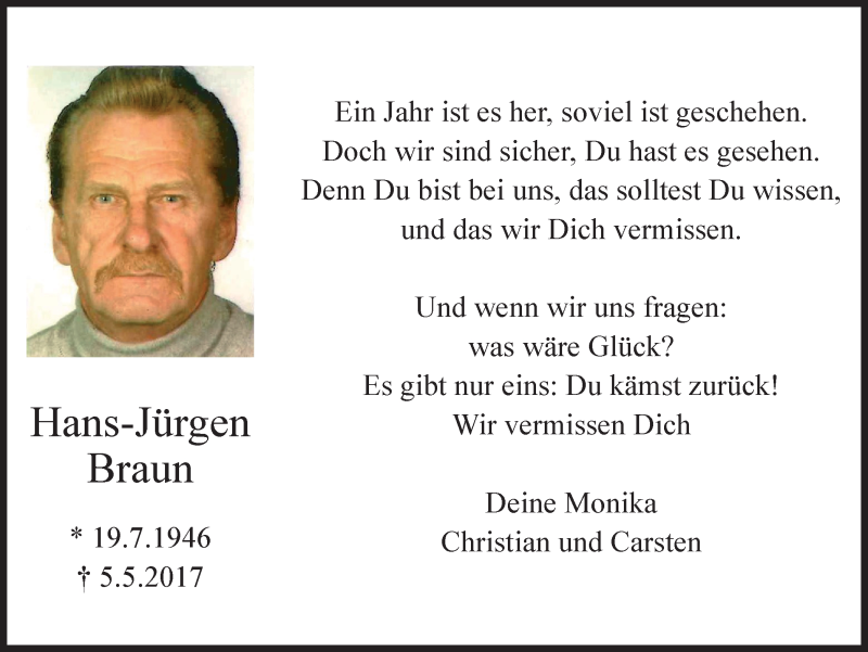  Traueranzeige für Hans-Jürgen Braun vom 05.05.2018 aus Stadtspiegel Bottrop