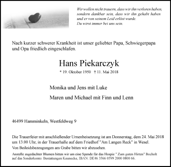 Traueranzeige von Hans Piekarczyk von Der Weseler + Der Xantener