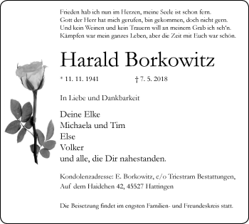 Traueranzeige von Harald Borkowitz von Stadtspiegel Hattingen/Niedersprockhövel