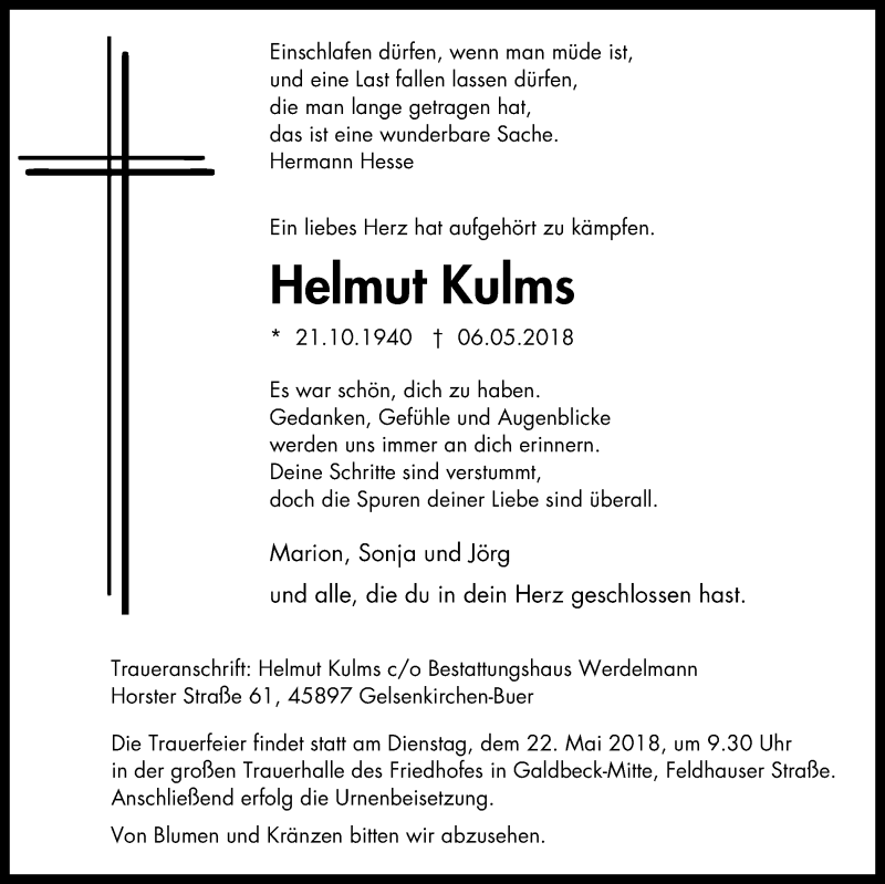  Traueranzeige für Helmut Kulms vom 16.05.2018 aus Stadtspiegel Gelsenkirchen