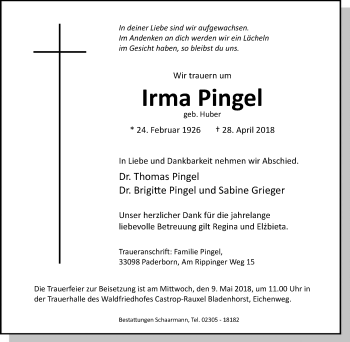 Traueranzeige von Irma Pingel von Stadtanz.Castrop-Rauxel
