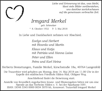 Traueranzeige von Irmgard Merkel von Wochen-Anzeiger Langenfeld/Monheim/Hilden