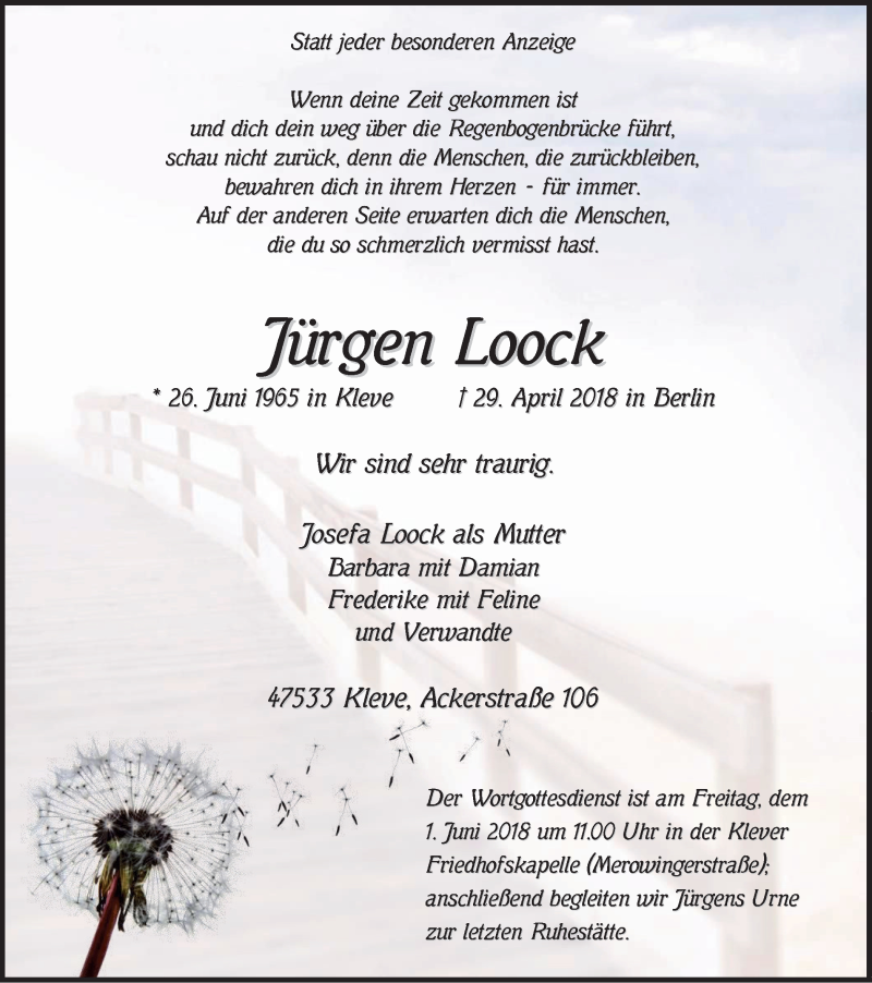  Traueranzeige für Jürgen (Pino) Loock vom 30.05.2018 aus Klever Wochenblatt