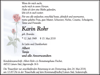 Traueranzeige von Karin Rohr von Lüner Anzeiger