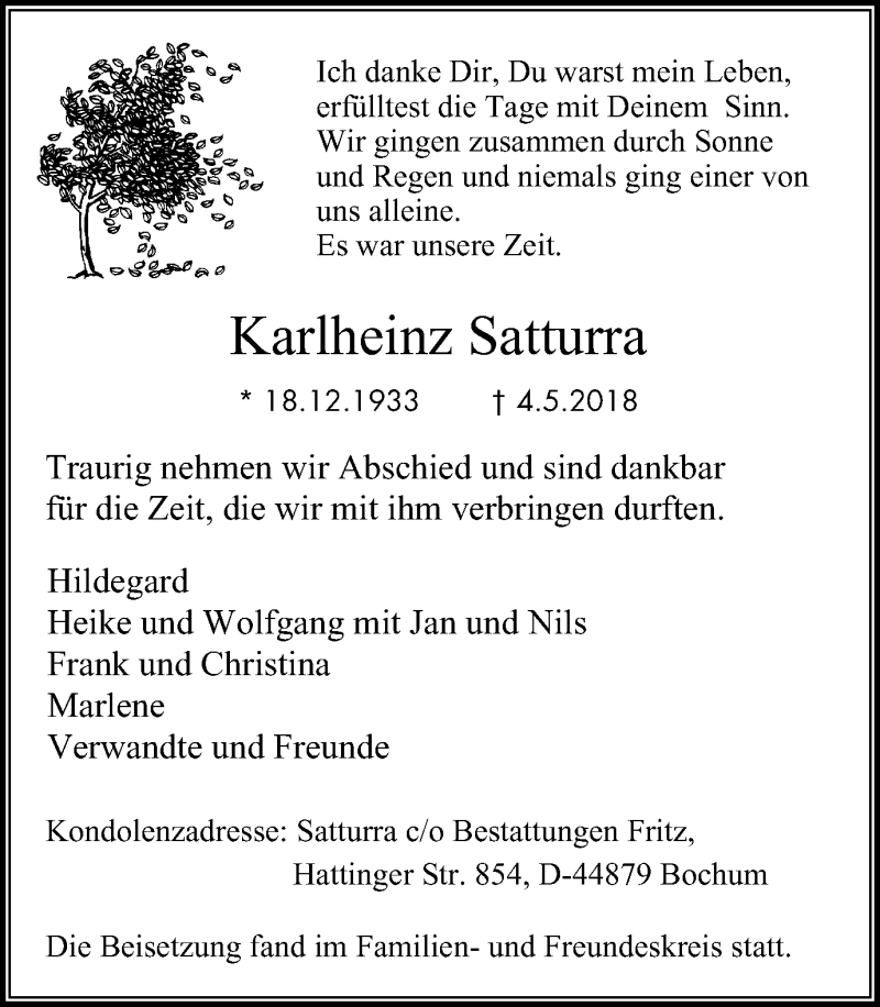  Traueranzeige für Karlheinz Satturra vom 23.05.2018 aus Stadtspiegel Bochum