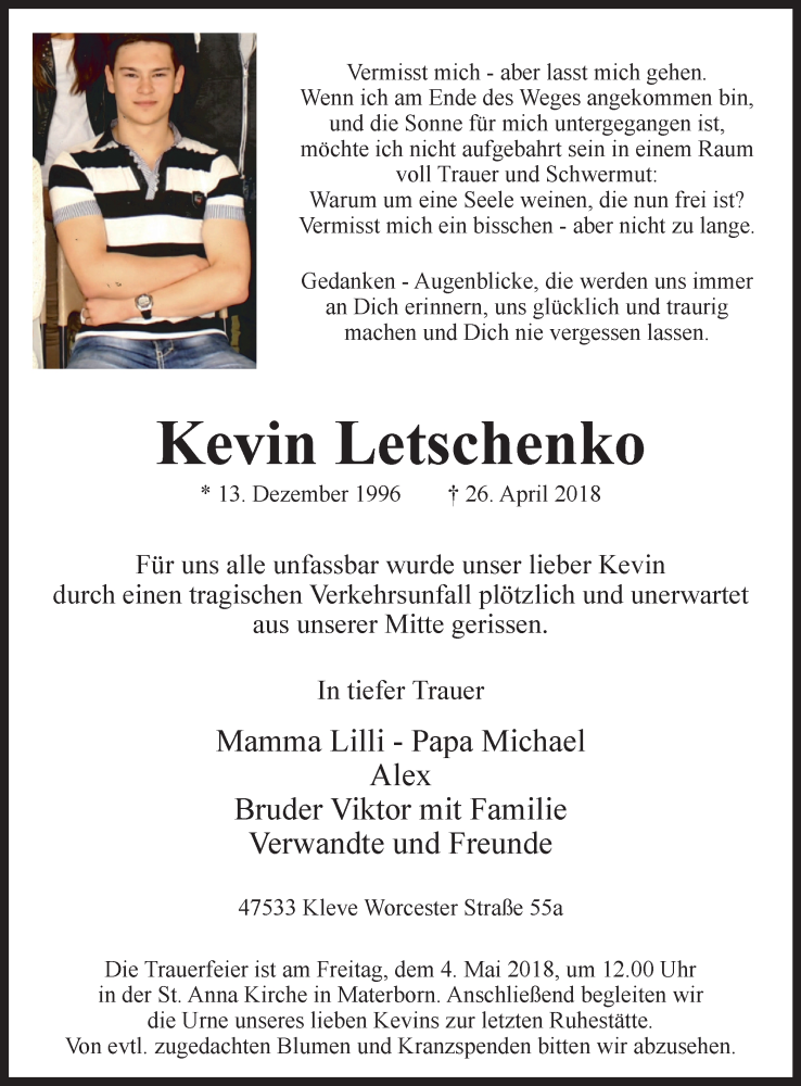  Traueranzeige für Kevin Letschenko vom 02.05.2018 aus Klever Wochenblatt