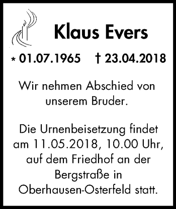 Traueranzeige von Klaus Evers von Wochen-Anzeiger Oberhausen