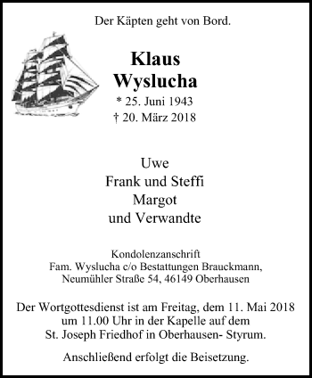 Traueranzeige von Klaus Wyslucha von Wochen-Anzeiger Oberhausen
