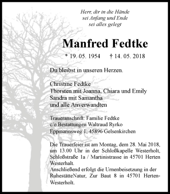 Traueranzeige von Manfred Fedtke von Stadtspiegel Gelsenkirchen