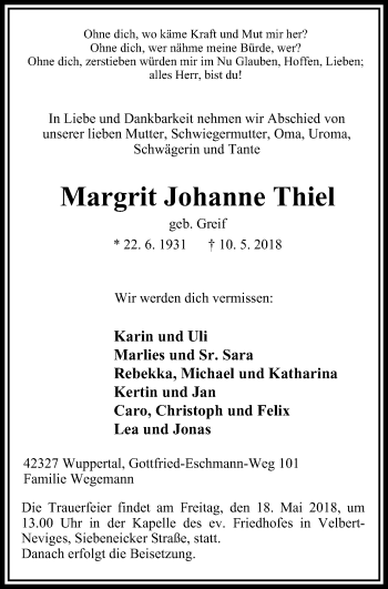 Traueranzeige von Margrit Johanne Thiel von Stadtanzeiger Velbert + Heiligenhaus