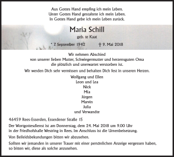 Traueranzeige von Maria Schill von Stadtanzeiger Emmerich/Rees/Isselburg