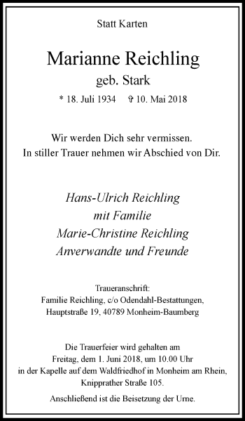 Traueranzeige von Marianne Reichling von Wochen-Anzeiger Langenfeld/Monheim/Hilden