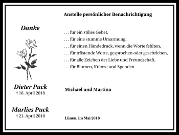Traueranzeige von Marlies und Dieter Puck von Lüner Anzeiger