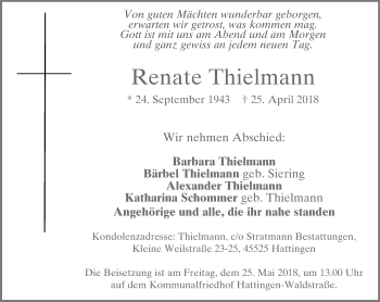 Traueranzeige von Renate Thielmann von Stadtspiegel Hattingen/Niedersprockhövel