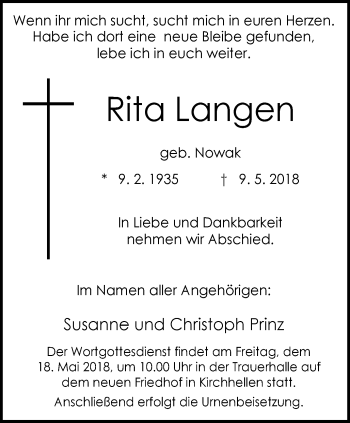 Traueranzeige von Rita Langen von Stadtspiegel Bottrop