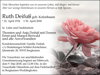 Traueranzeige von Ruth Deifuß von Lüner Anzeiger