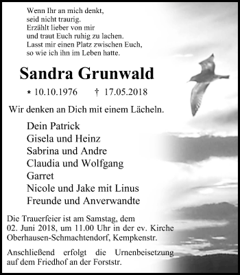Traueranzeige von Sandra Grunwald von Wochen-Anzeiger Oberhausen