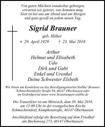 Traueranzeige von Sigrid Brauner von Wochen-Anzeiger Oberhausen