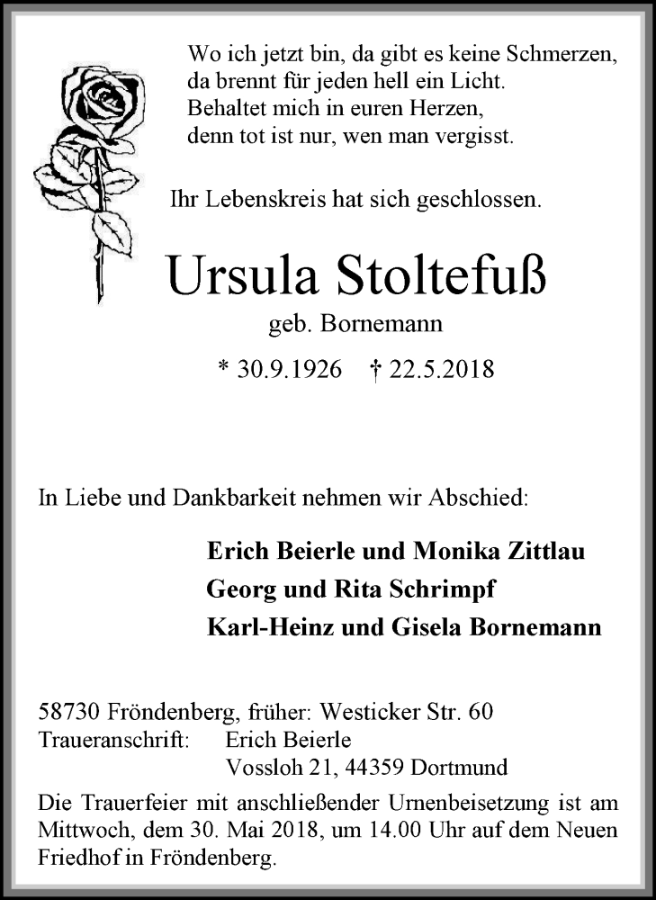 Traueranzeigen von Ursula Stoltefuß TrauerinNRW.de