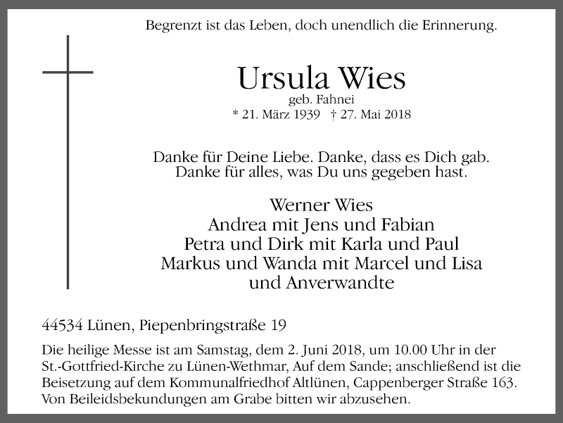  Traueranzeige für Ursula Wies vom 30.05.2018 aus Lüner Anzeiger